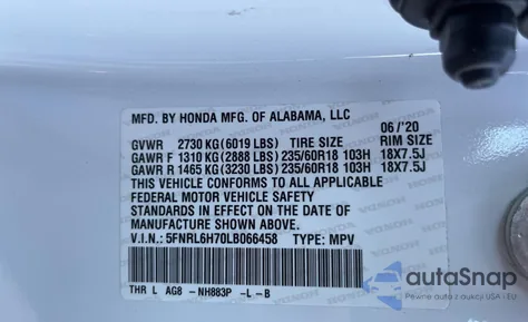 2020 Honda Odyssey Exl z USA, uszkodzony, nr VIN 5FNRL6H70LB066458